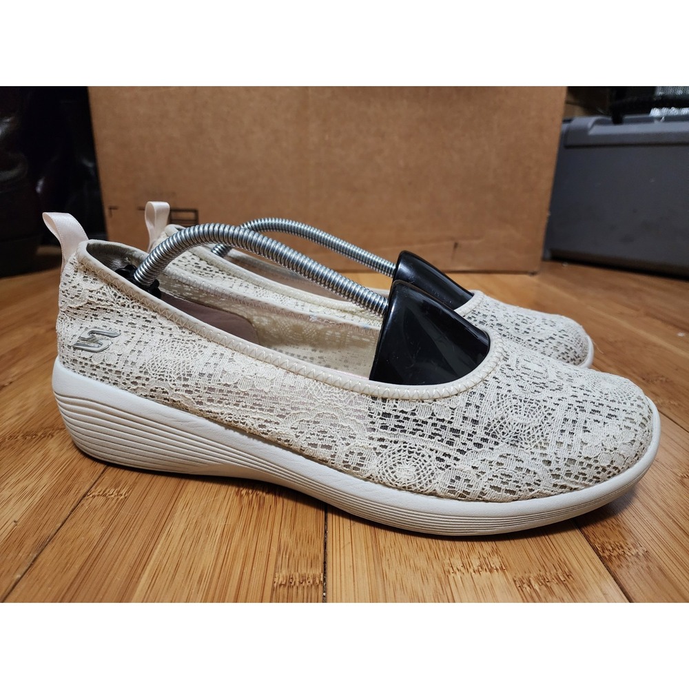 Skechers Arya Womens 8.5 Beige Lace Air Cooled Memory Foam Wedge Shoes 23758